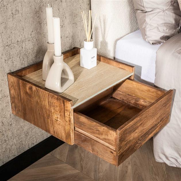 Nachtkastje hangend Nuovo travertin / Massief mango zandkleur van Idéco Design, foto 3