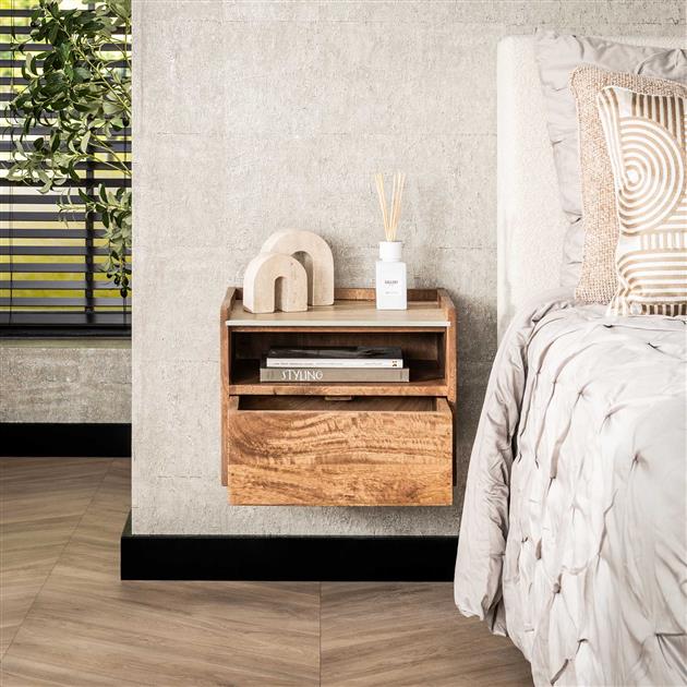 Nachtkastje hangend open vak Nuovo travertin / Massief mango zandkleur