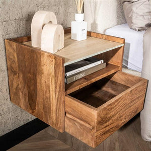 Nachtkastje hangend open vak Nuovo travertin / Massief mango zandkleur