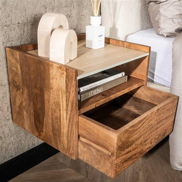 Nachtkastje hangend open vak Nuovo travertin / Massief mango zandkleur