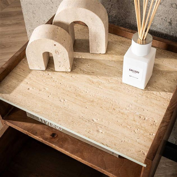 Nachtkastje hangend open vak Nuovo travertin / Massief mango zandkleur