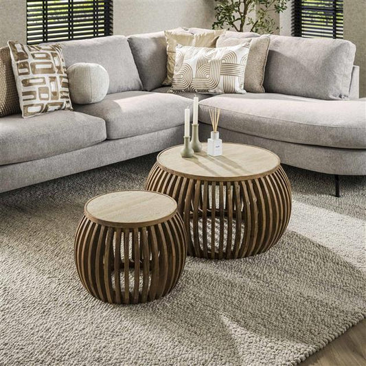 Salontafel set/2 curve Nuovo travertin / Massief mango zandkleur