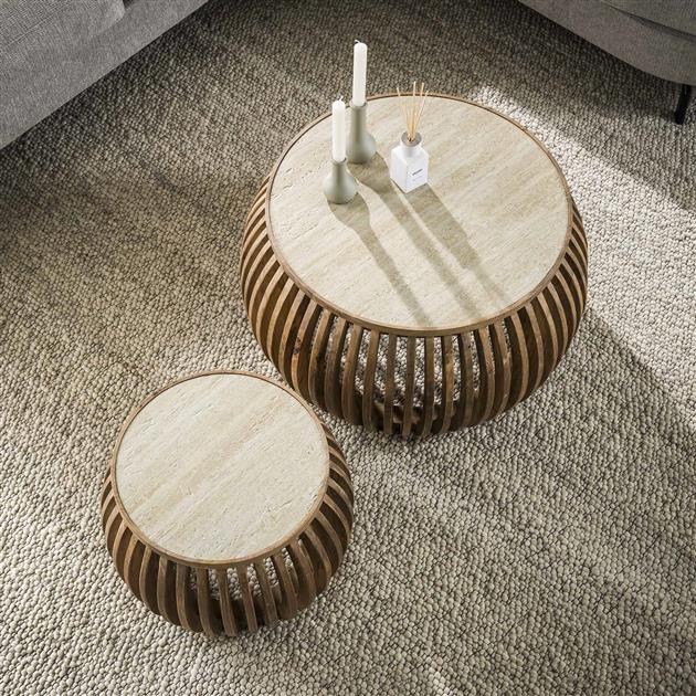 Salontafel set/2 curve Nuovo travertin / Massief mango zandkleur