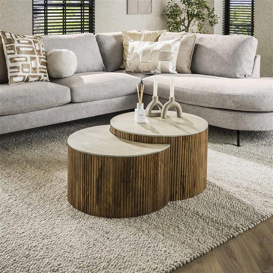 Salontafel set van 2 halfrond Nuovo travertin / Massief mango zandkleur