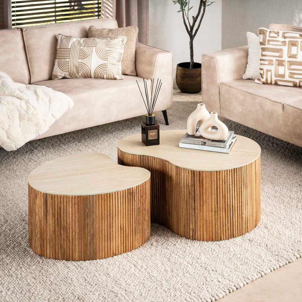 Salontafel Nuovo niervormig set van 2 - Massief mango zand / travertin