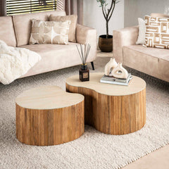 Salontafel Nuovo niervormig set van 2 - Massief mango zand / travertin