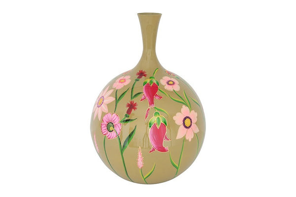 Ronde langnek bloemenvaas Camina groen/roze - 52 cm hoog