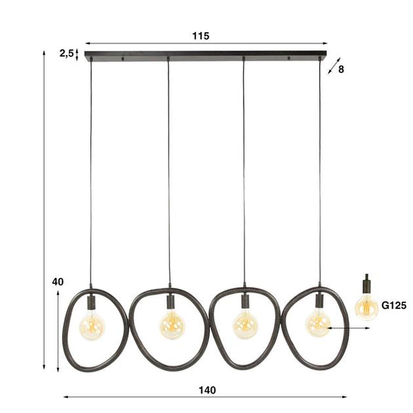 Hanglamp 4 lichts organic steel / Artic zwart