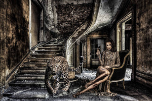 Glasschilderij vrouw met panter 120x80 cm