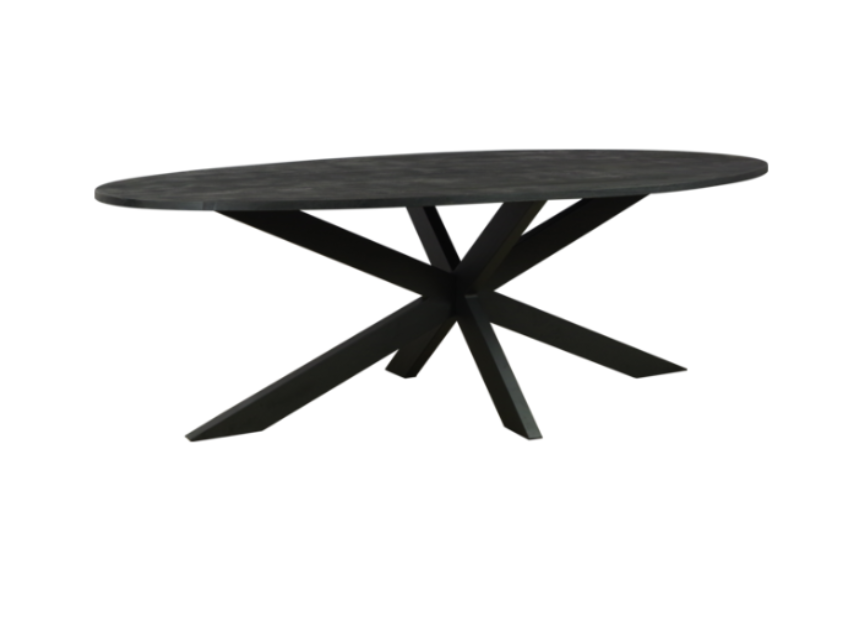 Eettafel ovaal mangohout zwart 210x100  cm dun blad (magazijn opruiming)