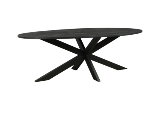 Eettafel ovaal mangohout zwart 210x100  cm dun blad (magazijn opruiming)