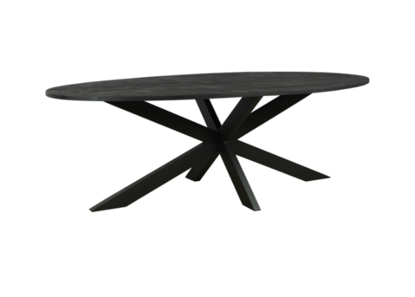 Eettafel ovaal mangohout zwart 210x100  cm dun blad (magazijn opruiming)