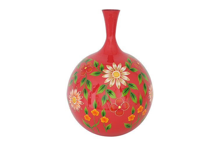 Ronde langnek bloemenvaas Camina rood/wit - 52 cm hoog