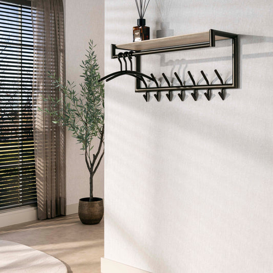 Kapstok Terra roede en hoedenplank 2x7 haken / Melamine travertine