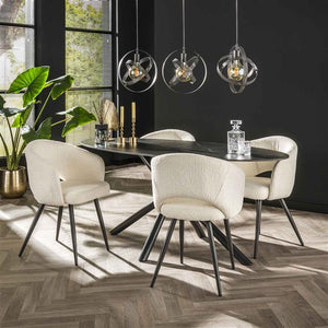 Eetkamerstoel met armleuning salon.  Boucle stof wit