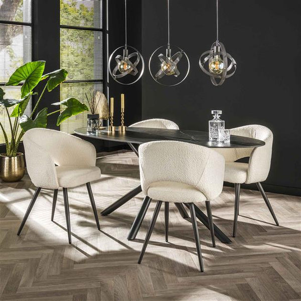 Eetkamerstoel met armleuning salon.  Boucle stof wit