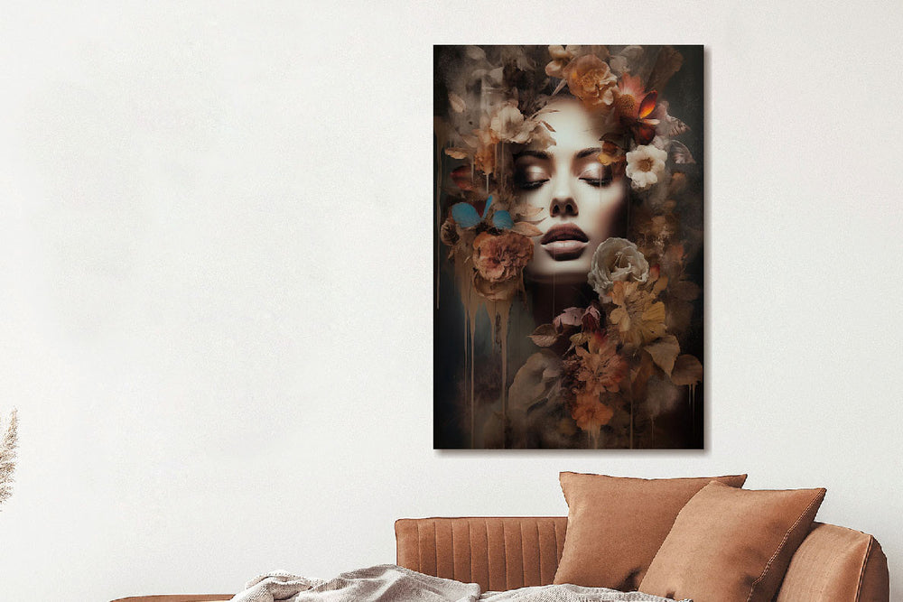 Glasschilderij Vrouw met bloemen en vlinder 80x120 cm
