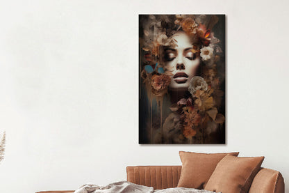 Glasschilderij Vrouw met bloemen en vlinder 80x120 cm