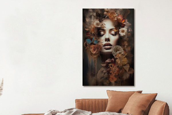 Glasschilderij Vrouw met bloemen en vlinder 80x120 cm