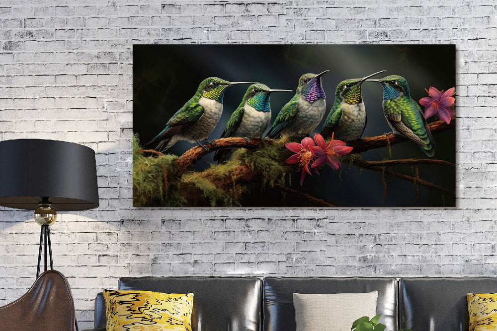 Glasschilderij 5 Kolibrie vogels op tak 160x80 cm