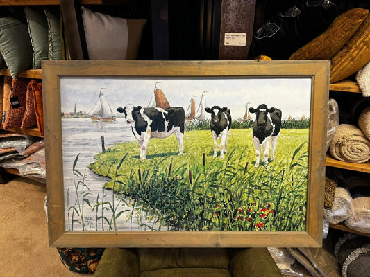 Buitenschilderij 3 koeien + zeilboten 123x84 cm - Wiebe van der Zee