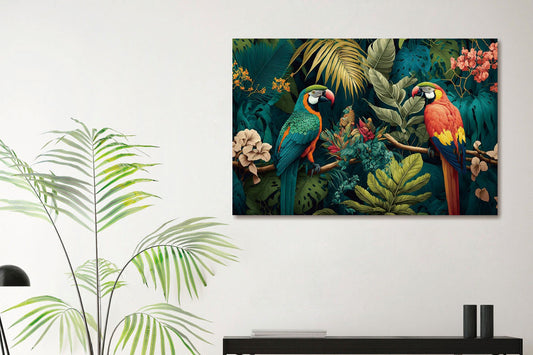 Glasschilderij gekleurde papegaaien in de jungle met 3D reliëf 120x80 cm