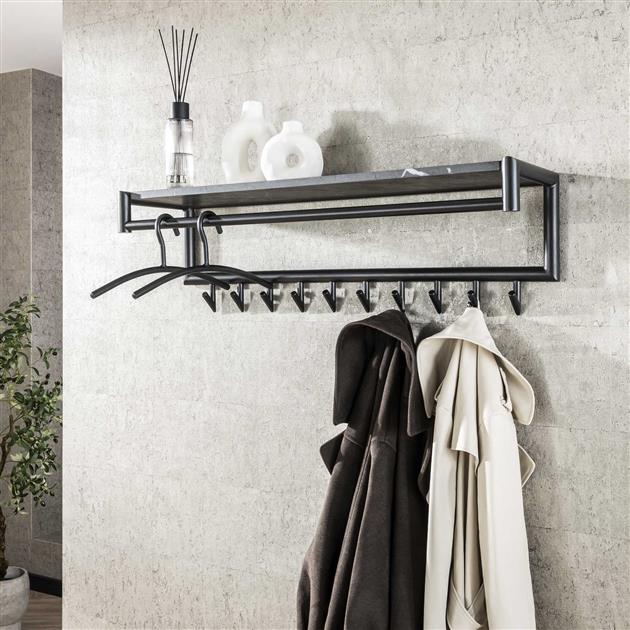 Kapstok 10 haaks roede-hoedenplank / 3D zwart bruin