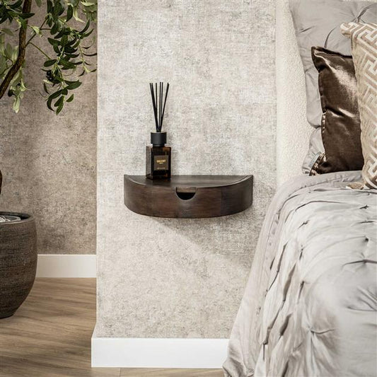 Nachtkastje 1L halfrond zwevend / Massief acacia glaze brown