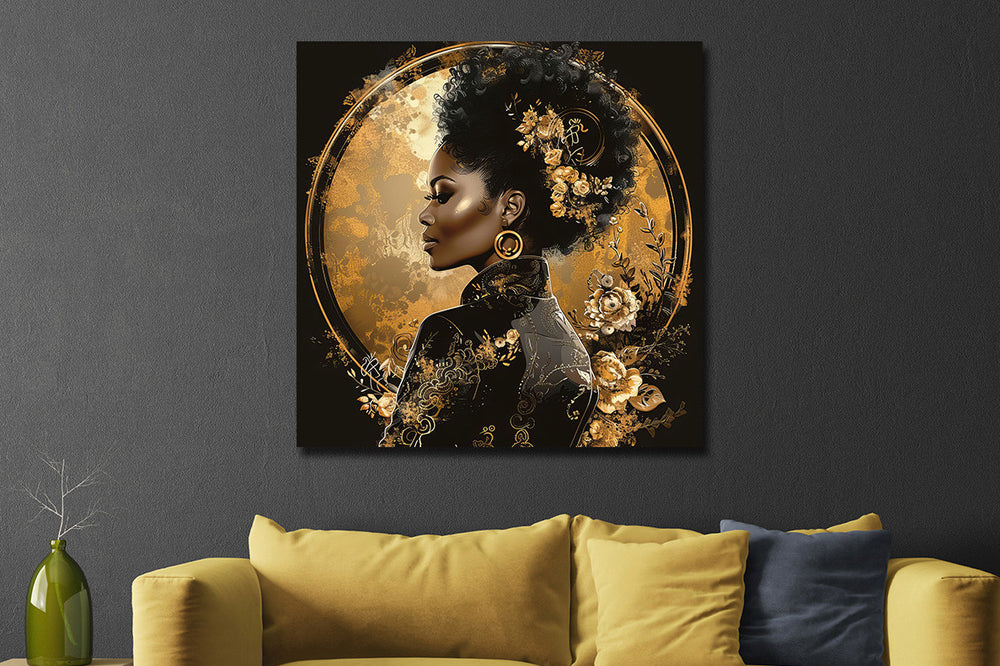 Glasschilderij vrouw zwart/goud tinten 80x80 cm