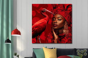 Glasschilderij Vrouw / rode vogel 80x80 cm