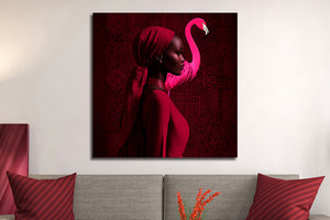Glasschilderij Vrouw / roze flamingo 80x80 cm