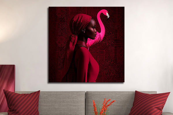 Glasschilderij Vrouw / roze flamingo 80x80 cm