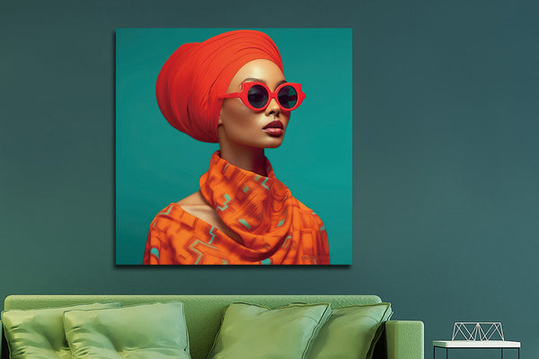 Glasschilderij Vrouw rode hoofddoek en zonnebril 80x80 cm