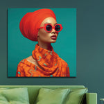 Glasschilderij Vrouw rode hoofddoek en zonnebril 80x80 cm