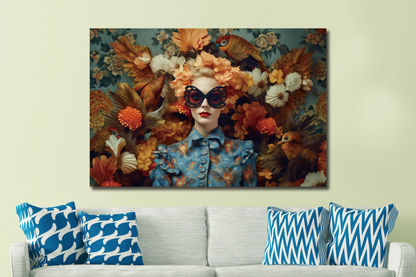 Glasschilderij Vrouw met gekleurde bloemen en vogels  120x80 cm