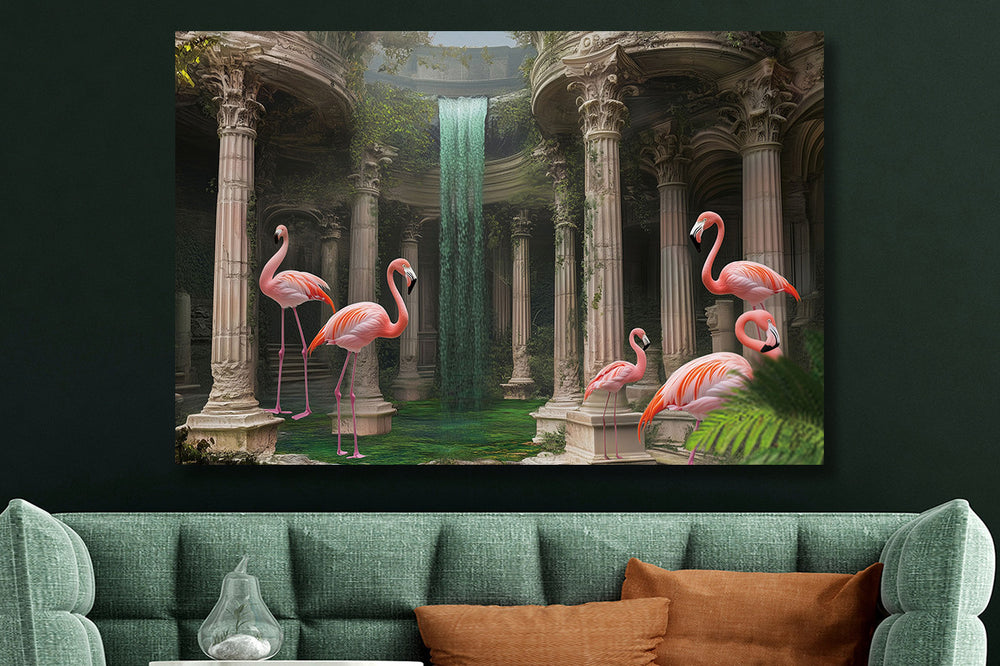 Glasschilderij roze Flamingo`s in tempel 120x80 cm