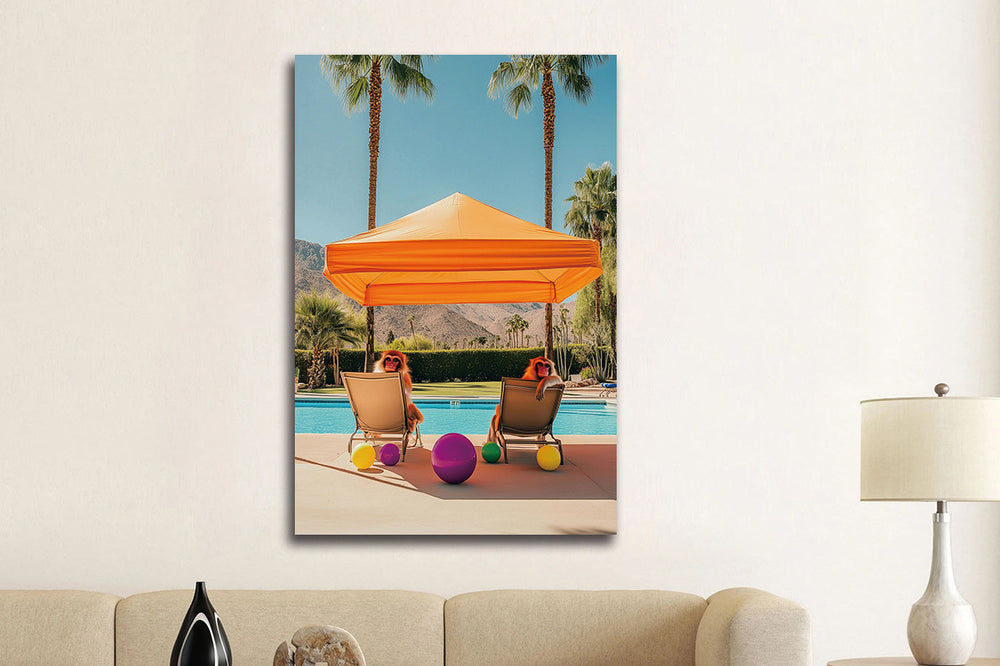 Glasschilderij twee apen bij zwembad 80x120 cm