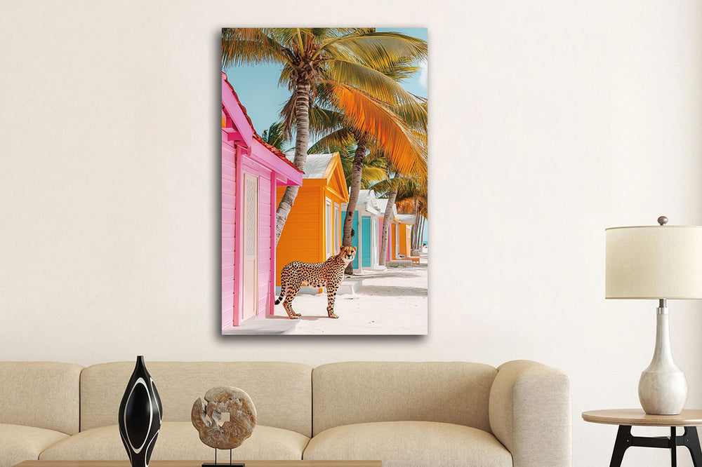 Glasschilderij luipaard op strand met gekleurde strandhuisjes 80x120 cm