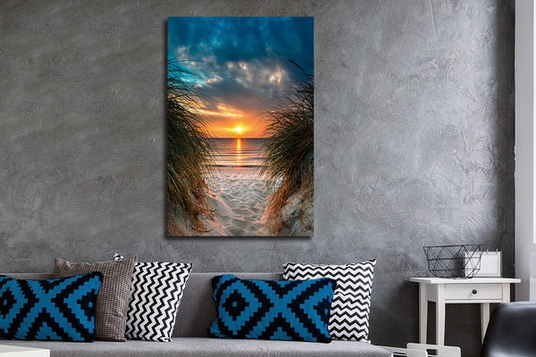 Glasschilderij zonsondergang vanaf strand 80x120 cm