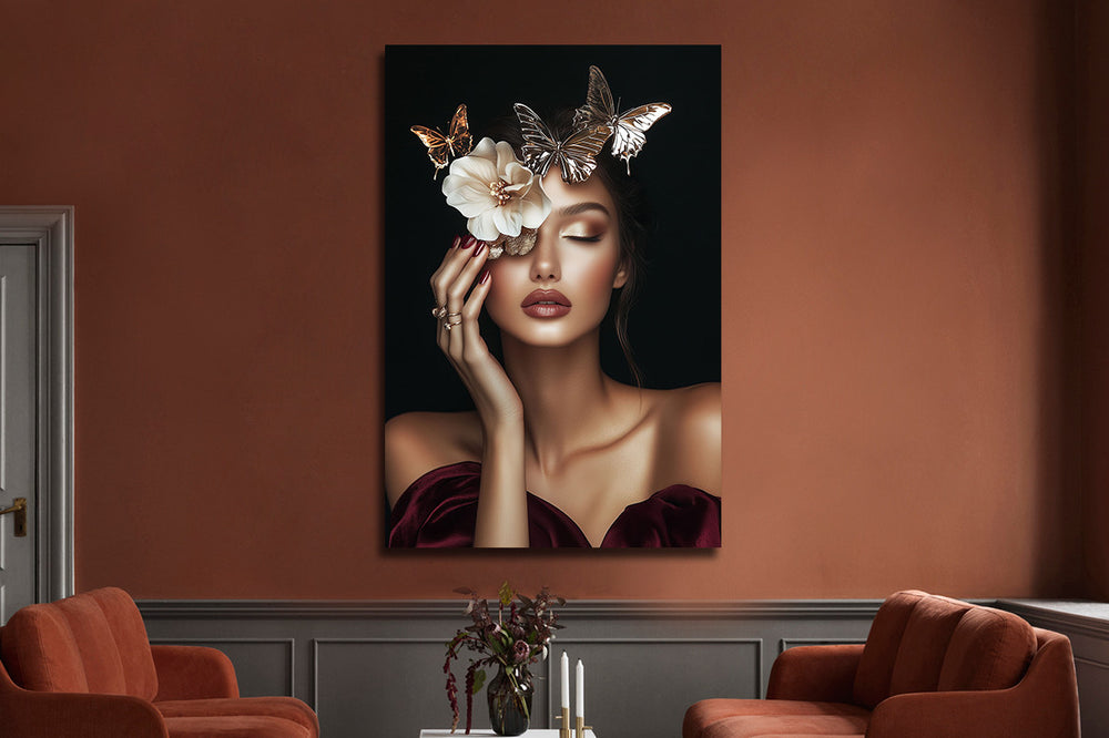 Glasschilderij Vrouw  gesloten ogen / vlinders 80x120 cm