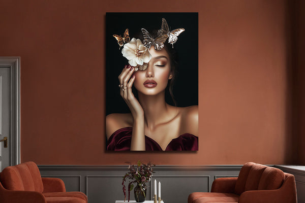 Glasschilderij Vrouw  gesloten ogen / vlinders 80x120 cm