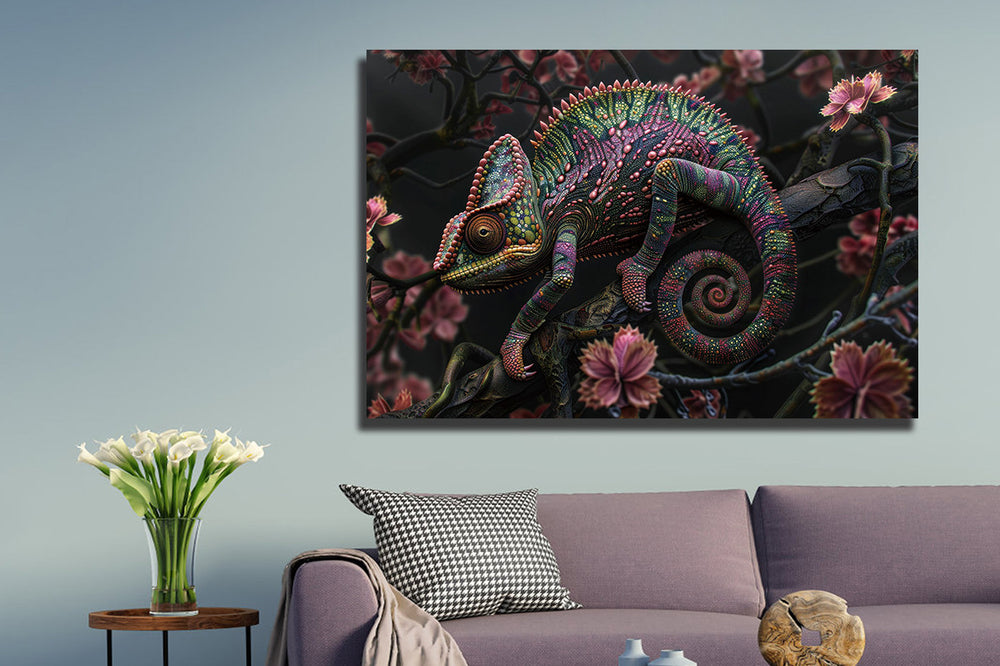 Glasschilderij Kameleon gekleurd met uniek 3D reliëf 120x80 cm