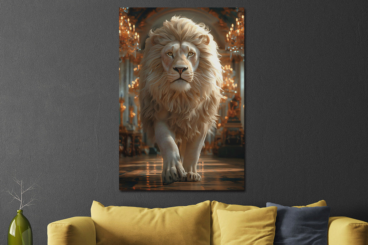 Glasschilderij witte leeuw in paleis 80x120 cm (Magazijn sale)