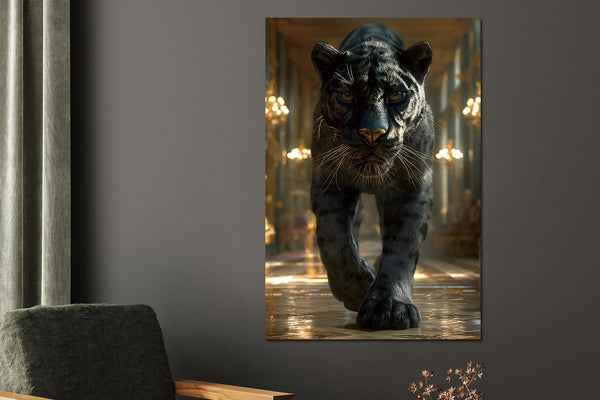 Glasschilderij zwarte panter in paleis 80x120 cm