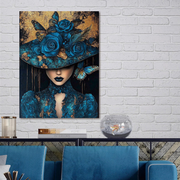 Glasschilderij vrouw met blauwe hoed & vlinders uniek 3D reliëf 110x160 cm