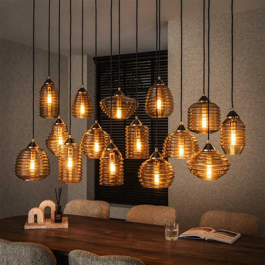 Hanglamp 5+5+5 rib glass / Amber color glas