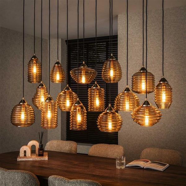 Hanglamp 5+5+5 rib glass / Amber color glas