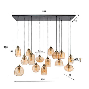 Hanglamp 5+5+5 rib glass / Amber color glas