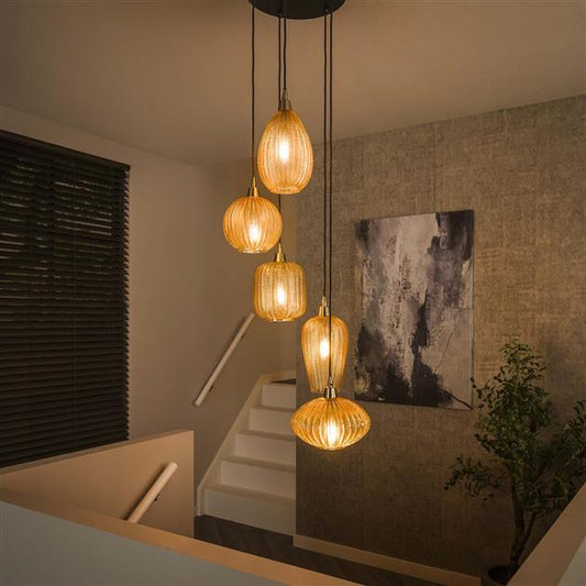 Hanglamp 5L V-shape pattern getrapt / Amberkleurig glas