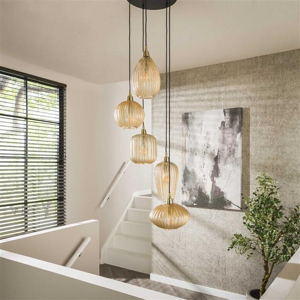 Hanglamp 5L V-shape pattern getrapt / Amberkleurig glas